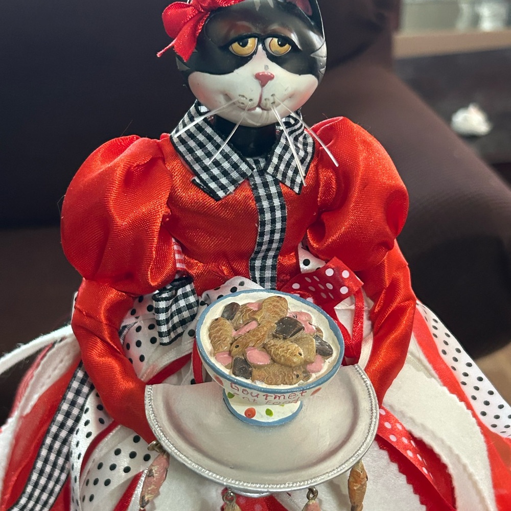 Cat Tree Topper Figurines 15” Tall Black & White Tuxedo Red Dress